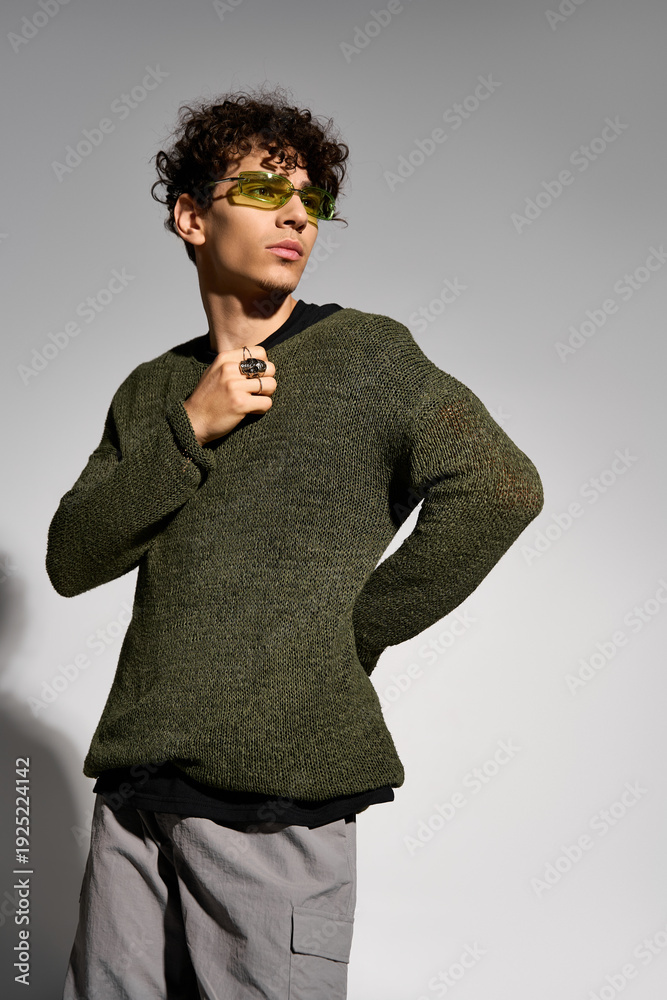 Obraz premium Stylish curly man showcases trendy outfit in a modern studio setting
