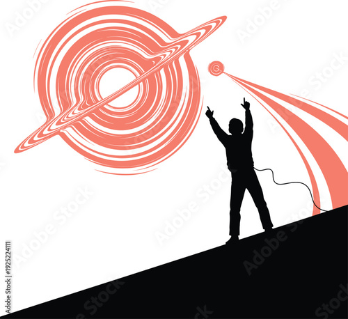 Vector of a person standing on a hill and reaching for a small planet in outer space