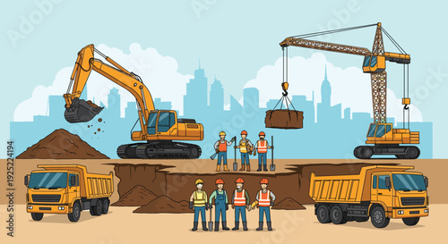 Busy construction site with excavator crane dump trucks and workers during urban building excavation and heavy machinery operation project illustration infrastructure development concept scene