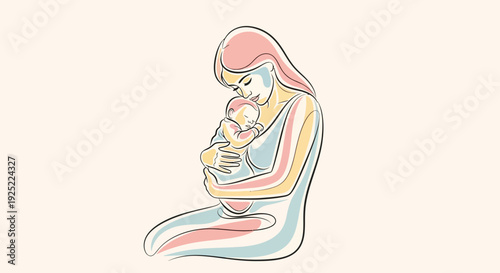 Breastfeeding Mother Holding Newborn Baby Illustration, Maternal Love and Care Concept, Mother Feeding Infant, Parenting and Motherhood Bond, Minimal Line Art Style Showing Nurturing Mom and Baby Conn