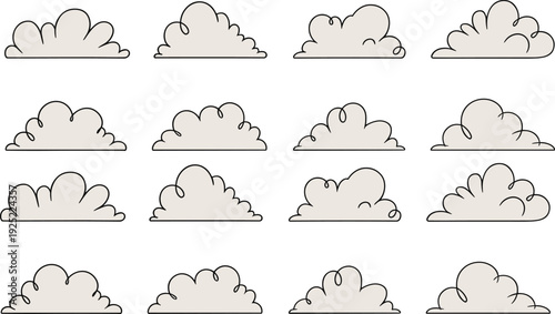 Cartoon cloud outline set with simple hand drawn style, isolated on white background, cute sky element collection for weather design and illustration