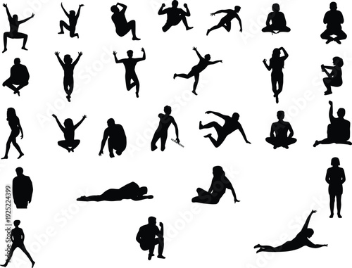 Collection of black human silhouettes in dynamic and sitting poses, isolated on white background, people jumping, relaxing, dancing and active body position set