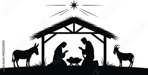 Christmas nativity silhouette with Holy Family in manger under Bethlehem star, Christian religious vector illustration isolated for church decor and holiday design