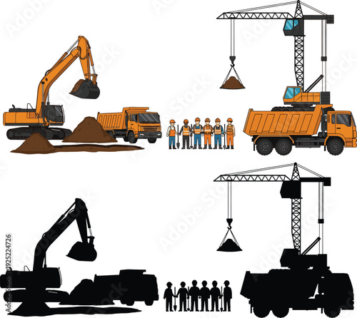 Construction equipment collection with excavator tower crane dump trucks workers and silhouettes illustrating urban excavation heavy machinery operation infrastructure development vector set