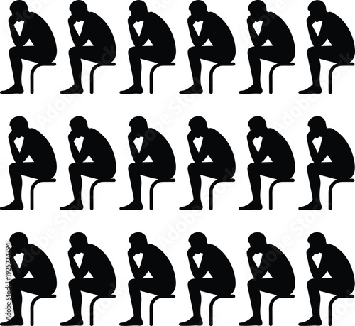 Repetitive Silhouette of Thinking Man Sitting on Chair in Deep Contemplation, Minimalist Black Vector Illustration Pattern for Creative Concept and Mental Reflection Design
