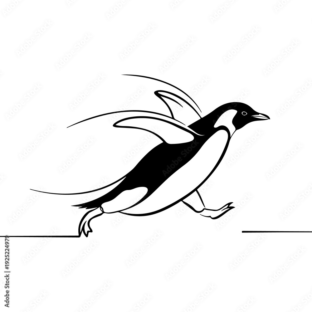 Fototapeta premium Black and white vector silhouette of a running penguin