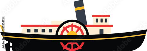 Vintage Paddle Steamboat Illustration, Flat Vector Riverboat Icon for Nautical and Travel Design