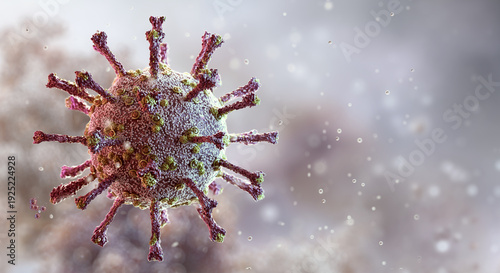 Photography Feline coronavirus virion (FCoV): Alphacoronavirus 1 molecular structure displaying glycoprotein spikes on the lipid envelope surface
