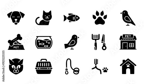 A set of black and white vector icons depicting various pet related symbols