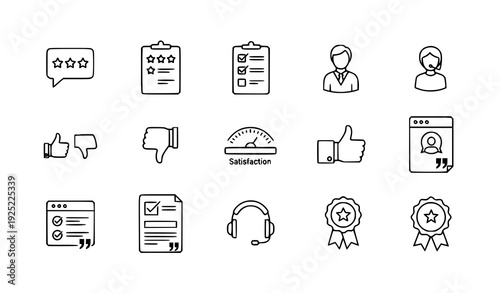 A set of flat line art icons representing customer satisfaction and feedback