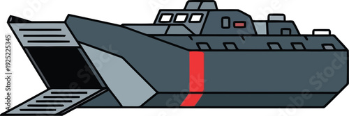 Vector Illustration of Military Landing Craft Ship with Open Ramp for Amphibious Operations