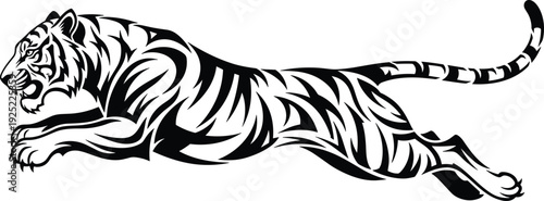 Leaping tiger tribal tattoo vector illustration, crouching black and white stylized wild cat mascot, powerful predatory feline pouncing silhouette graphic.