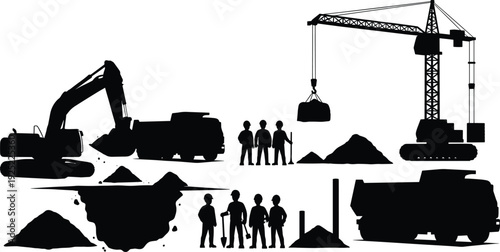 Construction equipment silhouette set with excavator crane dump truck workers and excavation pit isolated on white background industrial vector illustration