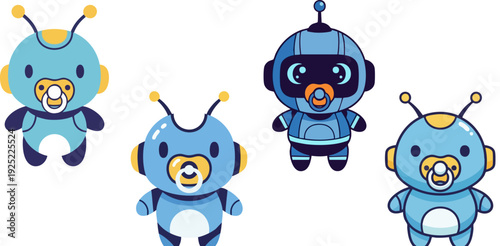 Set of 4 Cute Baby Alien and Robot Characters with Pacifiers Vector