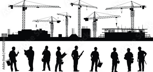 Construction site silhouette with tower cranes and engineer workers, industrial building vector illustration isolated on white background for architecture design, urban development, engineering, and i