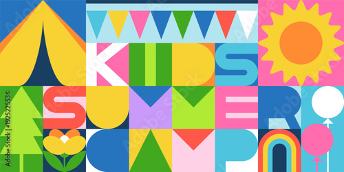 Kids summer camp vector modern typography design with tent, sun, nature. Camping banner poster with geometric layout