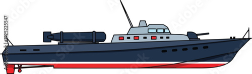 Vector Illustration of Military Patrol Boat Side View, Modern Navy Warship Isolated on White Background