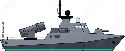 Modern Military Warship Vector Illustration with Cannon, Naval Vessel Side View, Isolated on White