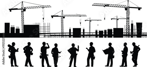 Construction site silhouette with tower cranes and workers, industrial building vector illustration isolated for architecture design, civil engineering projects, urban development and infrastructure c