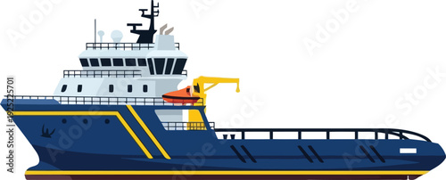 Modern Offshore Supply Vessel Illustration – Blue Industrial Ship with Crane, Side View, Isolated on White
