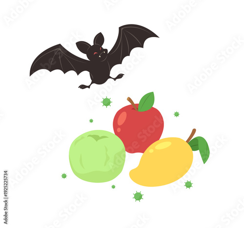 Contaminated fruits from rivus infected bat. Bat is spreading virus. Concept of zoonosis, transmission, nipah virus, coronavirus, sick, disease, wildlife, contagious.