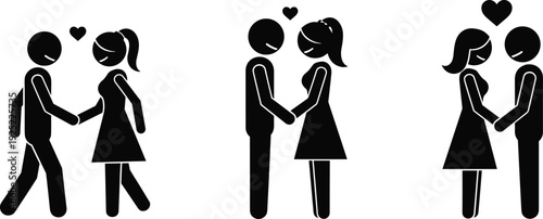 Romantic couple relationship stages silhouette icon set showing meeting holding hands hugging love symbols minimal vector illustration isolated black design