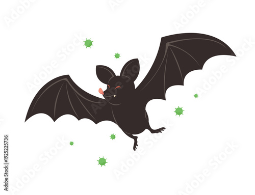Bat is spreading virus. Concept of zoonosis, transmission, nipah virus, coronavirus, sick, disease, wildlife, contagious.
