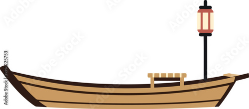 Traditional Wooden Japanese Boat with Lantern Vector Illustration Isolated on White Background