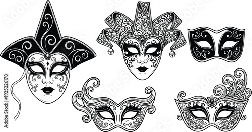 Venetian carnival masks collection ornate masquerade costume decorative festival party mask vector illustration vintage elegant design set