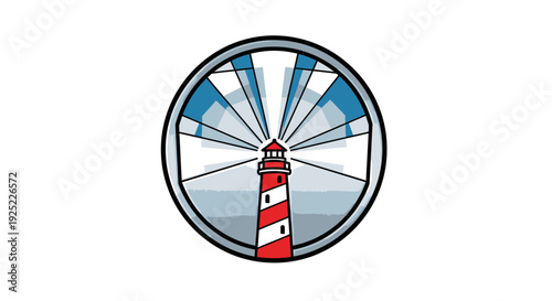 Stylized lighthouse through a porthole window.