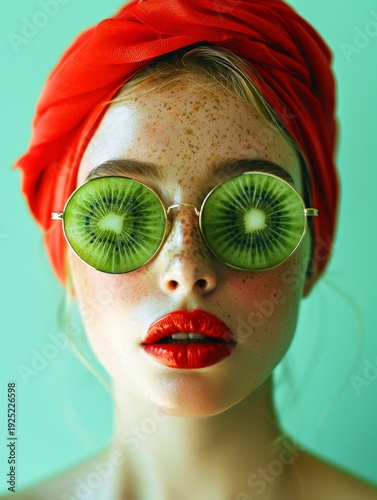 Surreal Creative Portrait of Woman with Kiwi Slice Sunglasses and Red Turban