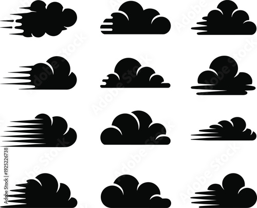 Cartoon Smoke Cloud Silhouette Set with Dust Explosion and Speed Motion Effects Black Vector Illustration Collection for Comic Animation and Game Design