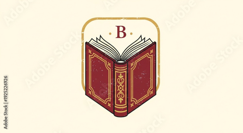 Open red leather bound book with gold accents and letter b on cream background