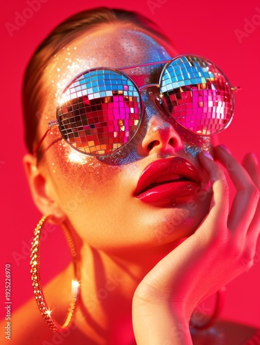 Disco Style Portrait of Woman with Mirror Ball Sunglasses and Red Lips on Pink Background