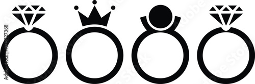 Minimal Black Wedding and Engagement Ring Icon Set with Diamond Crown and Gemstone Silhouettes Elegant Jewelry Vector Illustration Collection for Logo and Branding