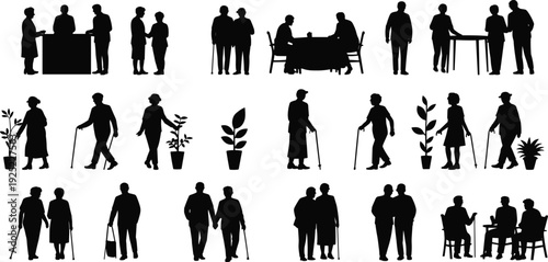 Elderly people silhouette collection with senior men and women walking, sitting and socializing, retirement lifestyle vector set isolated for healthcare, caregiving and community design