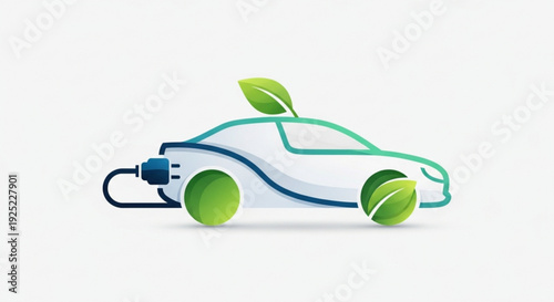 Eco friendly electric car charging with leafy green energy symbol on white background for sustainable transportation