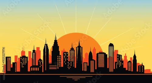 Vector city skyline silhouette at sunset