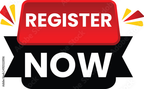A vibrant red button with 'REGISTER' above a black ribbon for 'NOW,' framed by dynamic yellow light effects, encouraging immediate action and sign-up.