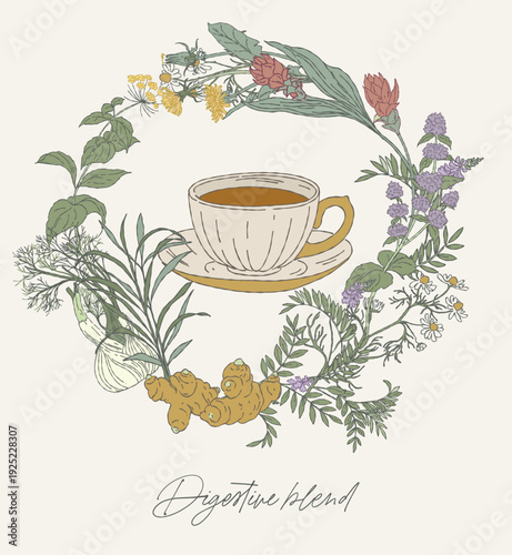 Digestive Herbal Blend Wreath with Tea Cup