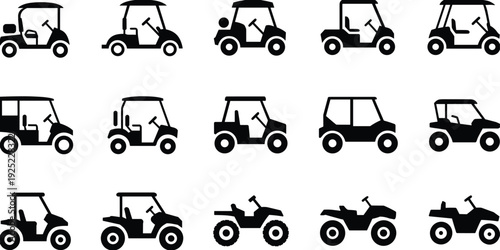 Golf cart silhouette collection featuring electric buggy and utility vehicle variations isolated on white background black vector icon set
