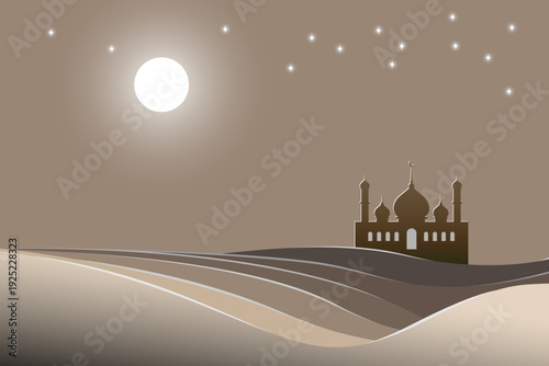 A night illustration of a small mosque silhouette on rolling sand dunes beneath a bright full moon and scattered stars, in warm brown and beige tones. 