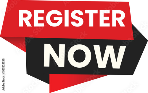 A visually intricate and layered 'REGISTER NOW' banner with a vibrant red folded 'REGISTER' element above a black and red angled 'NOW' element, offering sophisticated user engagement.