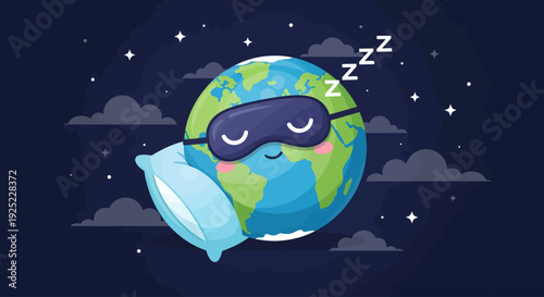 Planet Earth sleeping with a comfortable eye mask and pillow against a peaceful night sky background.