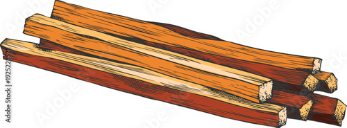 Fragrant wooden sticks pile, sandalwood tree product vector sketch, hand drawn perfumery and aromatherapy production