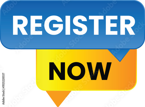 A friendly, inviting digital button showcasing a smooth blue rounded 'REGISTER' shape above a warm yellow and orange gradient speech bubble for 'NOW,' encouraging immediate action.