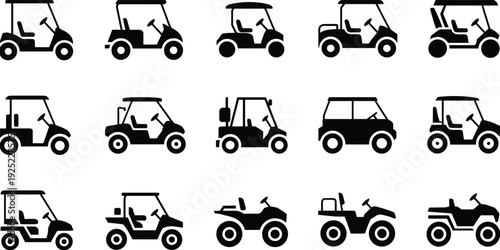 Golf cart silhouette set with electric buggy utility vehicle and mini transport variations isolated on white background black vector icons collection