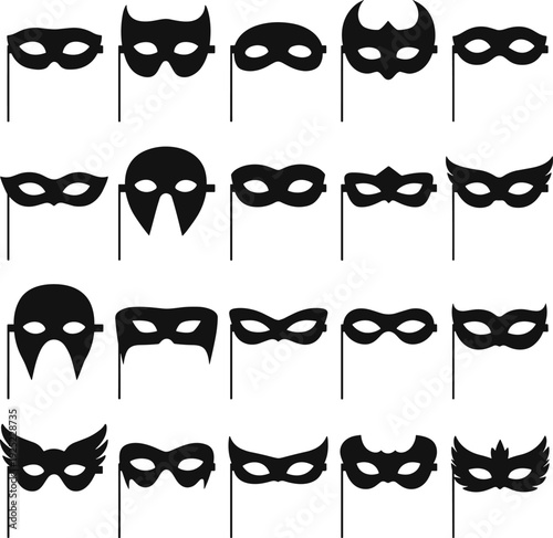 Masquerade Mask Silhouettes Collection with Carnival, Superhero and Fantasy Designs, Black Vector Illustration Set Isolated on White Background for Party and Costume Graphics