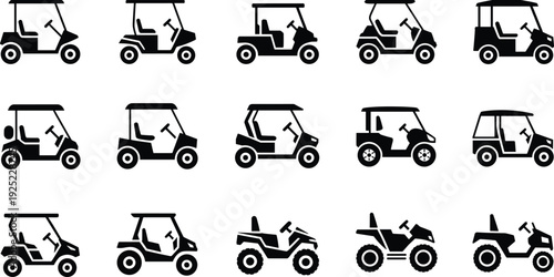 Golf cart silhouette set with various electric buggy and utility vehicle designs isolated on white background black vector icon collection