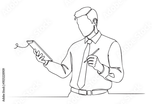 Professional man in a business shirt and tie actively engaging with a digital tablet and stylus, perfect for illustrating modern workplace technology and mobile productivity solutions.
